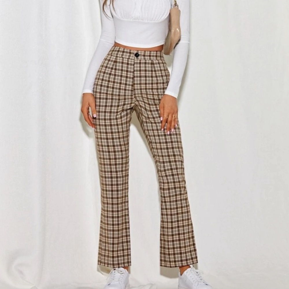 SHEIN - Button Waist Tartan Straight Pants